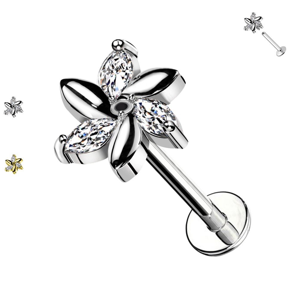 PC-179 Piercing Labret a Forma di Fiore con Cristalli con Filettatura Interna