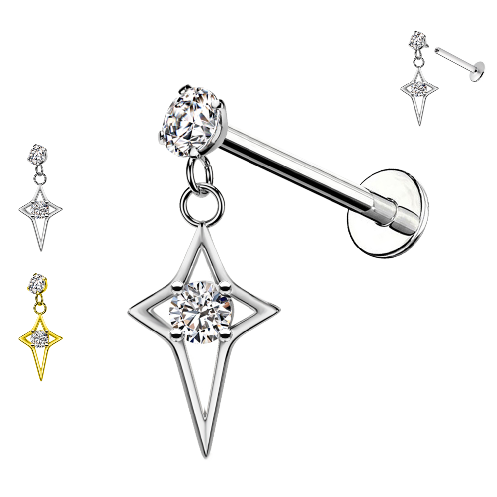 PC-190 Piercing Labret Pendente con Stella e Cristallo e con Filettatura Interna