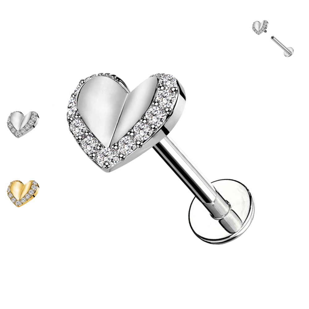 PC-177 Piercing Labret a Forma di Cuore con Cristalli con Filettatura Interna