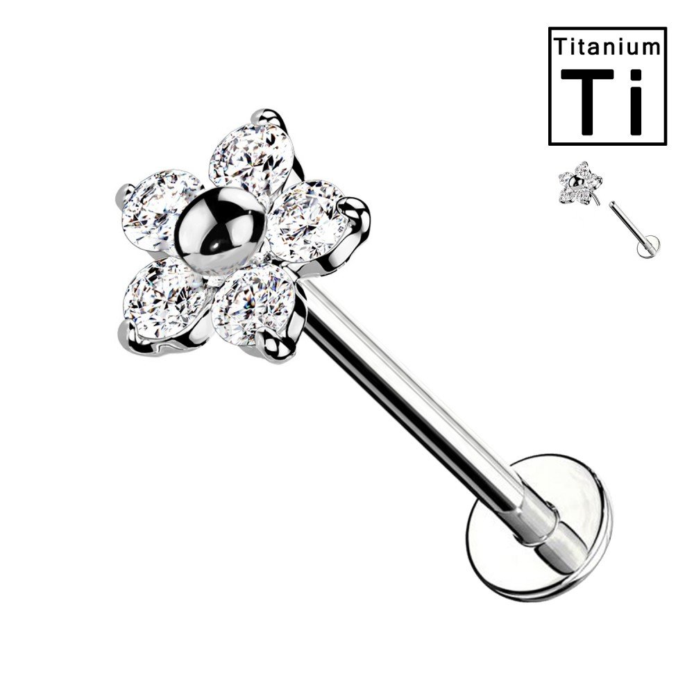 PWC-037 Piercing Labret Fiore Brillante in Titanio con Cristalli Luminosi e Sfera Centrale