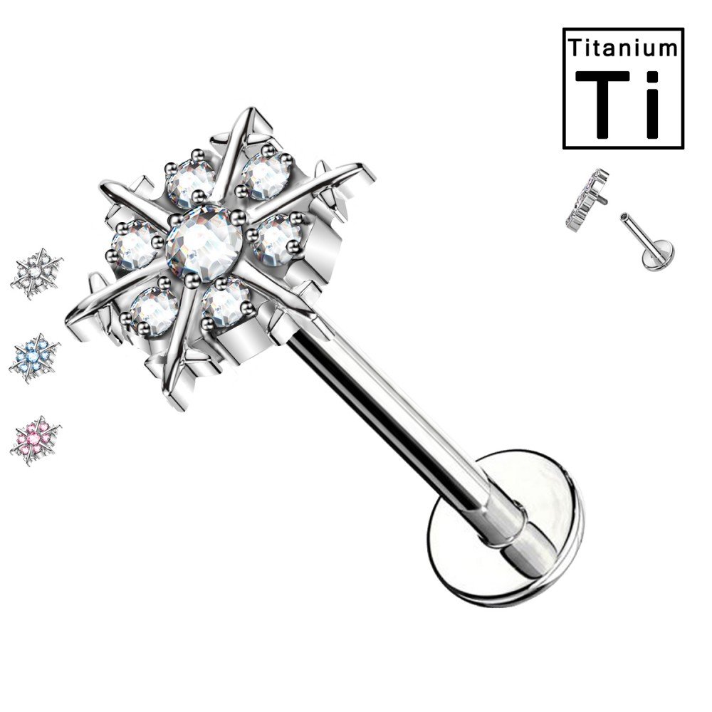 PWC-045 Piercing Labret in Titanio con Cristallo a Forma di Neve e con Filettatura Interna