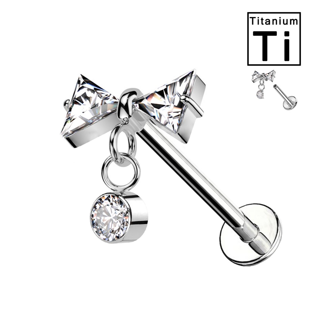 PWC-066 Piercing Labret in Titanio con Cristallo a Forma di  Fiocco e con Pendente e con Filettatura Interna