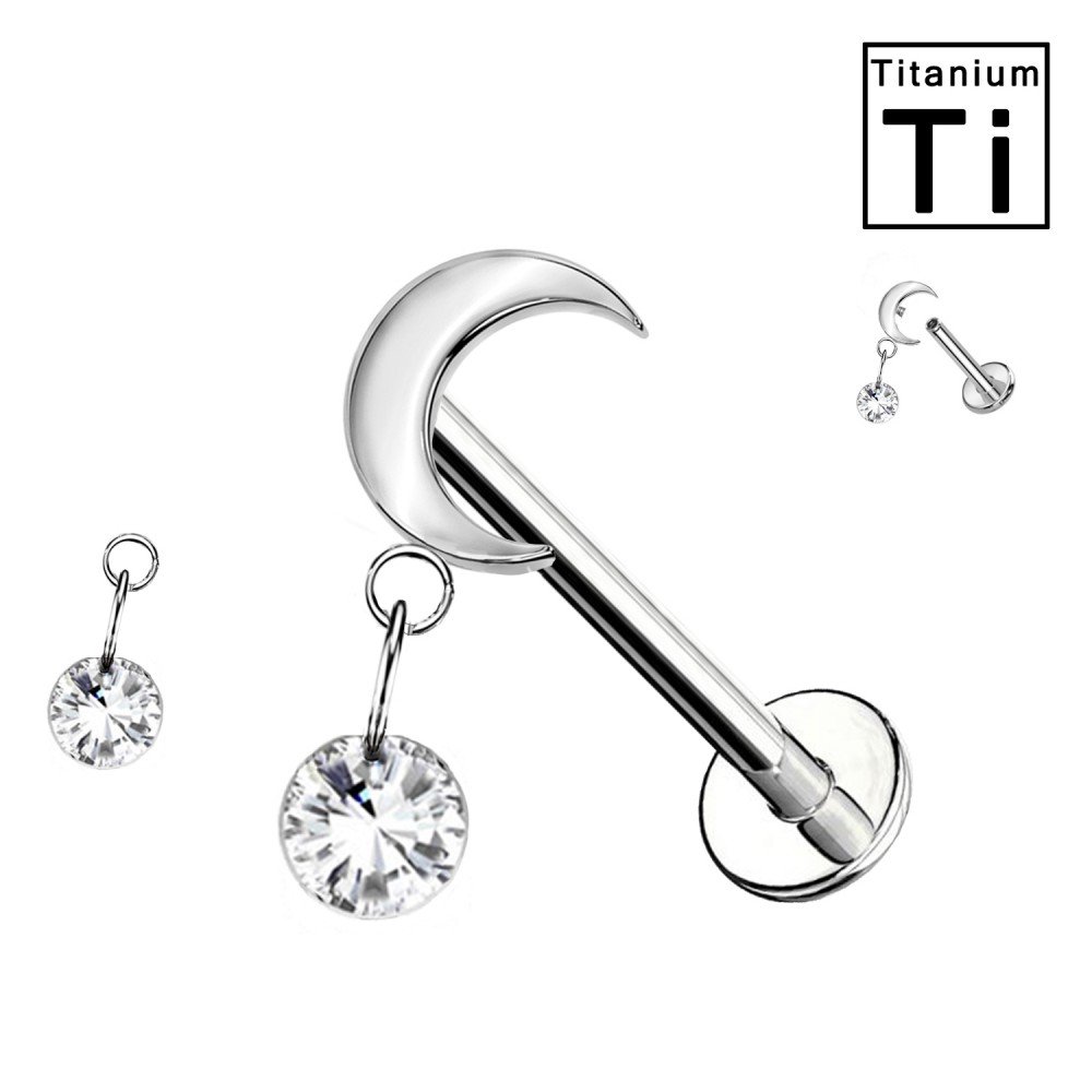 PWC-043 Titanium Labret Piercing Moon-Shaped with  Crystal and Internal Thread