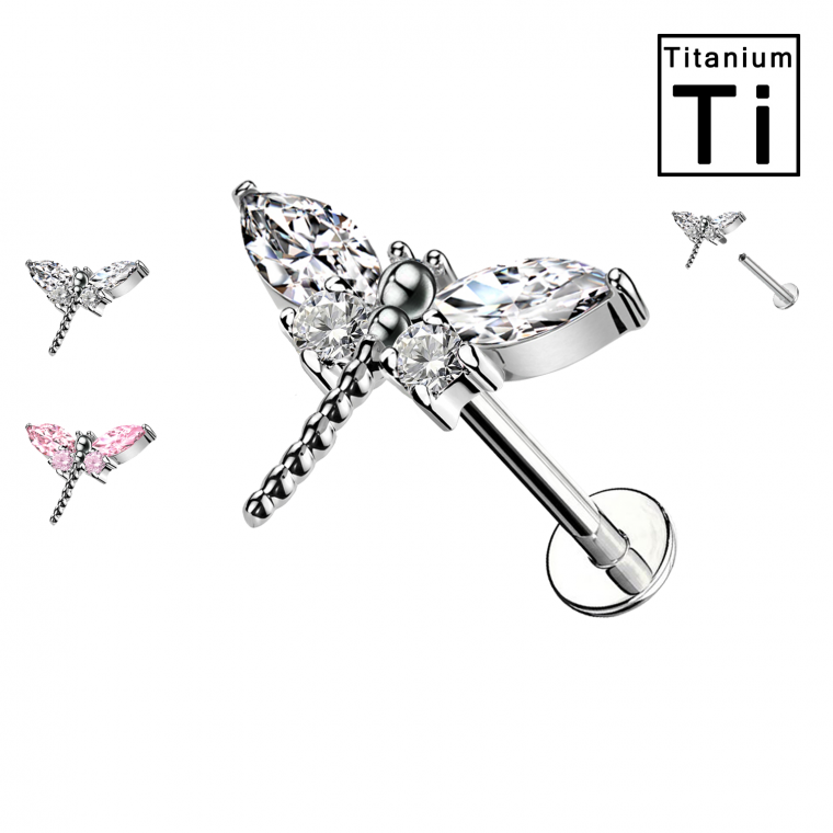 PWC-169 Piercing Labret in Titanio a Forma di Libellula con Cristalli con Filettatura Interna