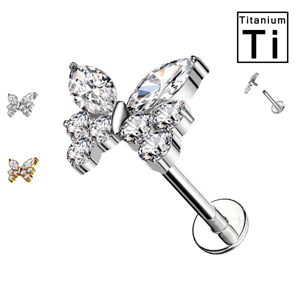 PWC-177 Piercing Labret in Titanio a forma di farfalla con cristalli  e con Filettatura Interna