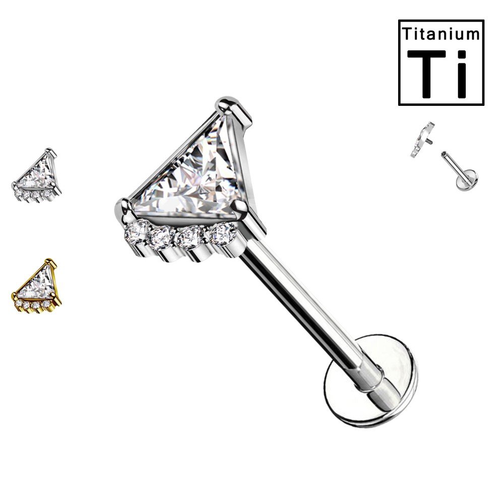 PWC-180 Piercing Labret in Titanio con cristallo a forma di triangolo e piccoli cristalli e con Filettatura Interna