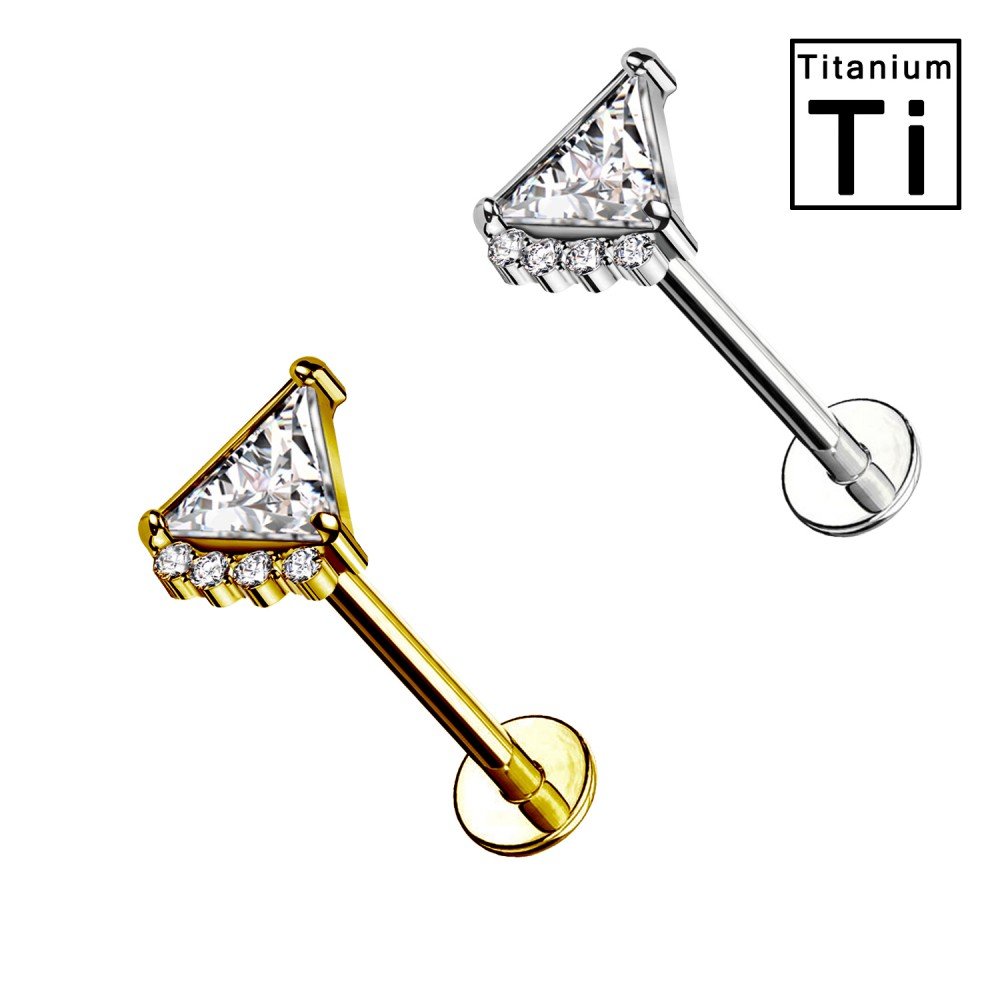 PWC-180 Piercing Labret in Titanio con cristallo a forma di triangolo e piccoli cristalli e con Filettatura Interna