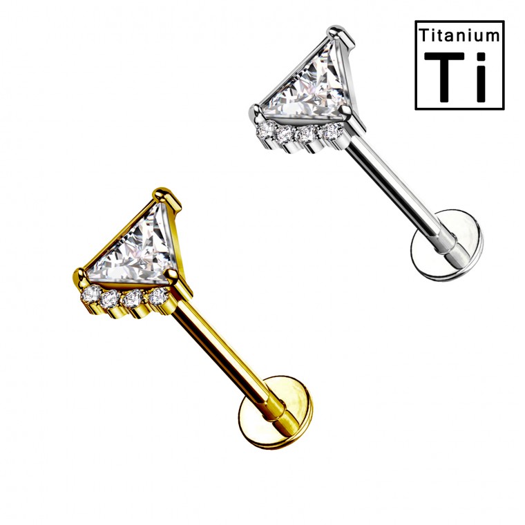PWC-180 Piercing Labret in Titanio con cristallo a forma di triangolo e piccoli cristalli e con Filettatura Interna 