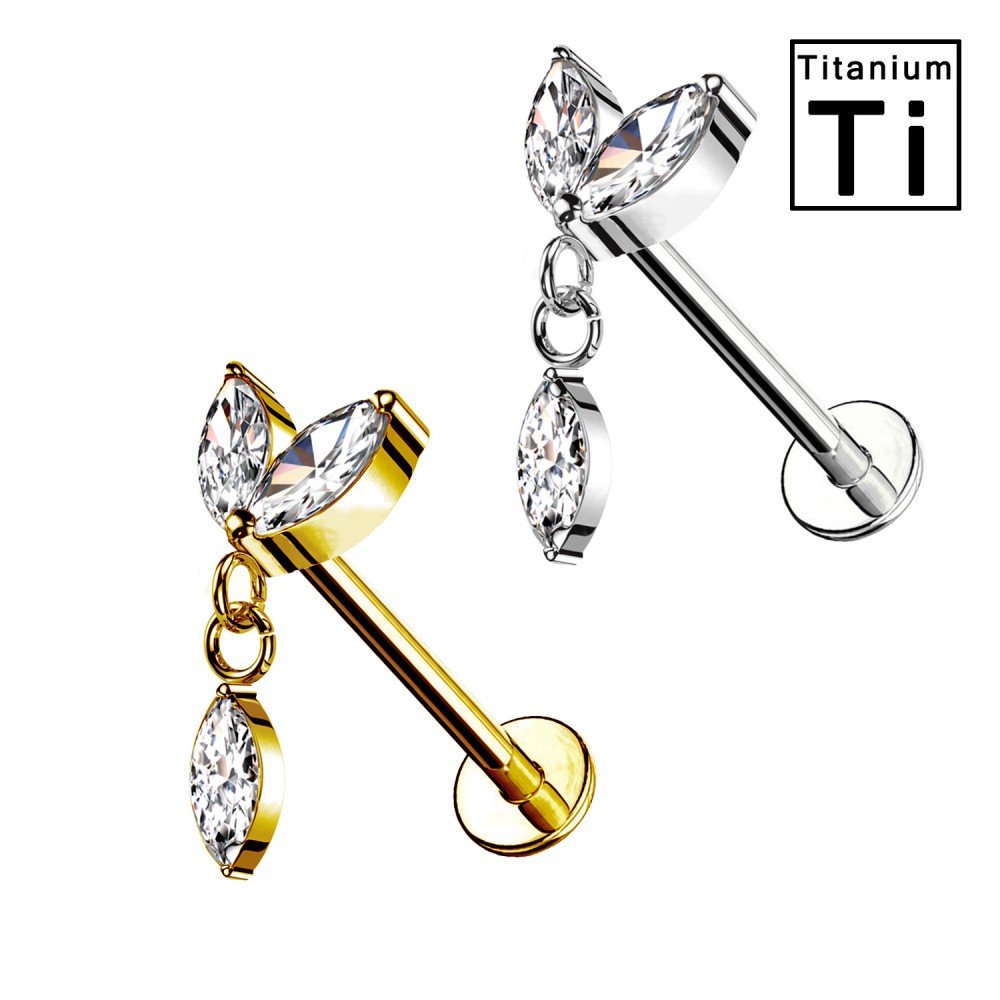 PWC-181 Titanium Labret Piercing in the shape of leaves with pendant and white crystals and with Internal Threading