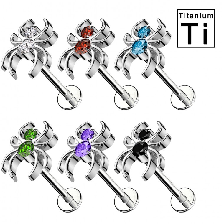 PWC-183 Piercing Labret in Titanio a forma di piccolo ragno con cristalli colorati. e con Filettatura Interna 