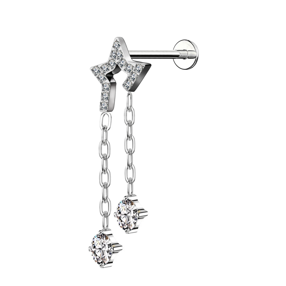 PWC-192 Piercing Labret in Titanio con Forma di Stella e Catene di Cristalli e con Filettatura Interna