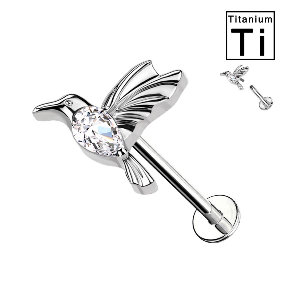 PWC-194 Hummingbird Shaped Titanium Labret Piercing with Crystals and Internal Threading