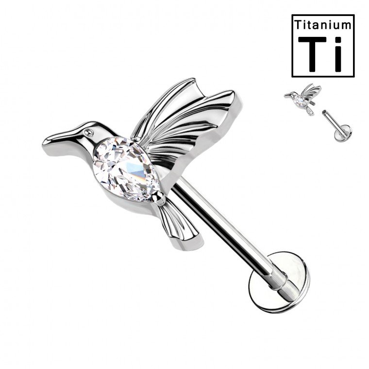 PWC-194 Piercing Labret in Titanio a Forma di Colibrì con Cristalli e con Filettatura Interna