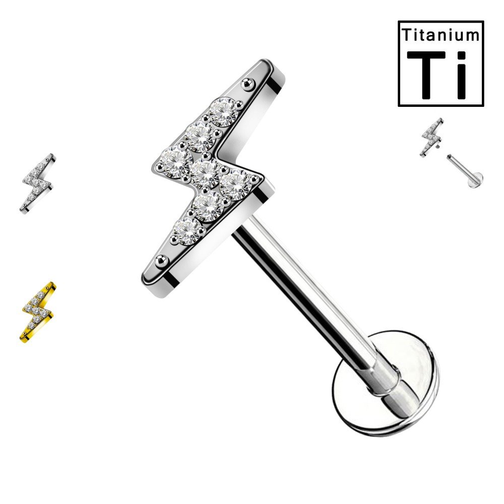 PWC-206 Piercing Labret a Forma di Fulmine con cristalli in Titanio con Filettatura Interna