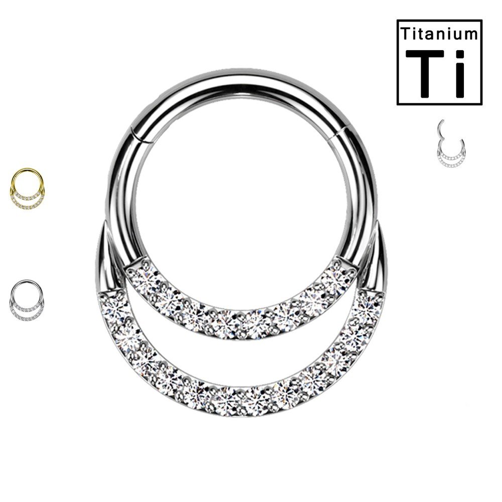 PWY-116 Piercing Cerchio Clicker in Titanio con Doppio Pavé di Cristalli