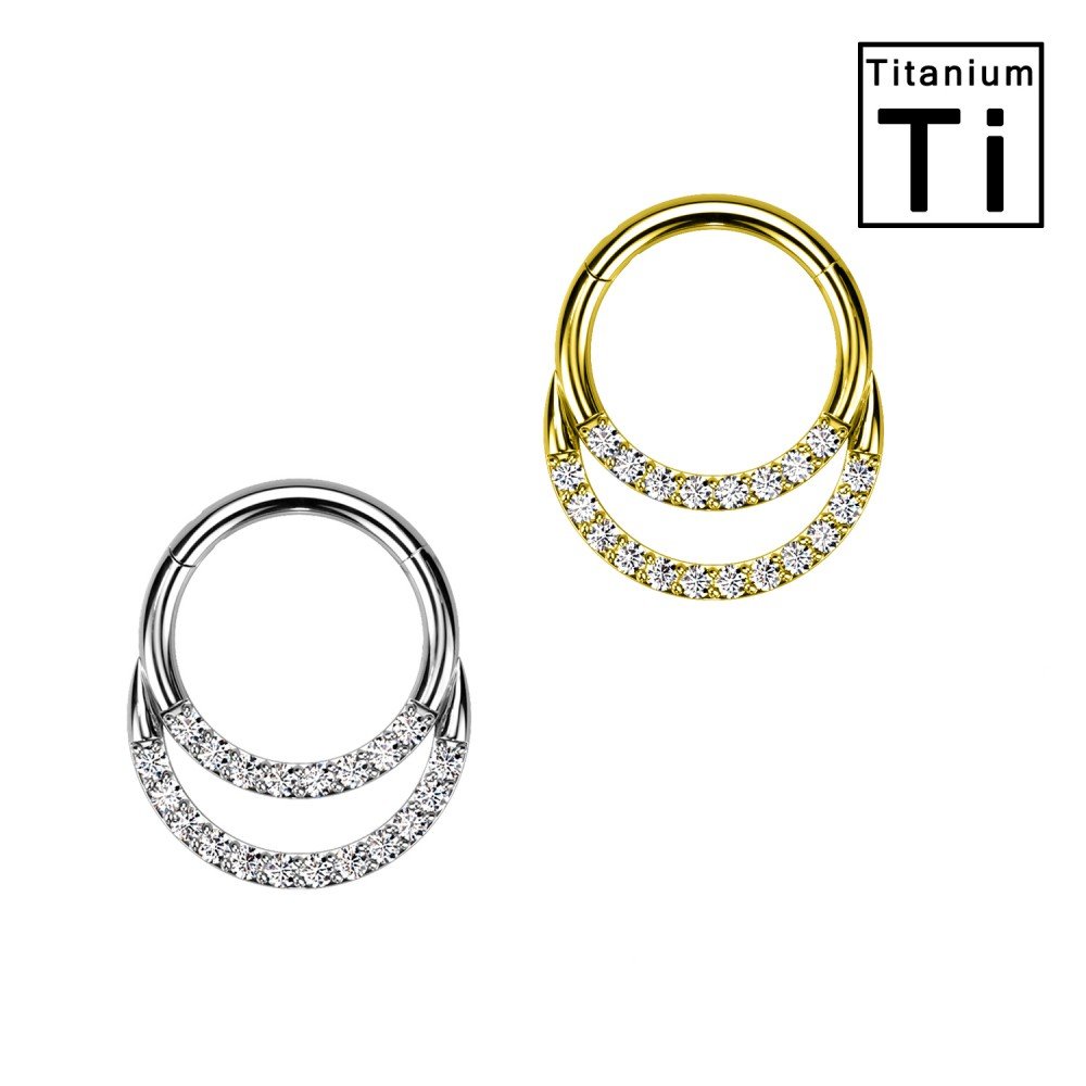 PWY-116 Piercing Cerchio Clicker in Titanio con Doppio Pavé di Cristalli