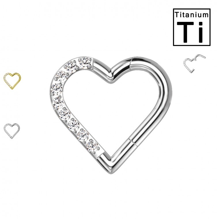  PWY-120L Titanium Heart Shaped Clicker Hoop Piercing with Crystals on Left Description