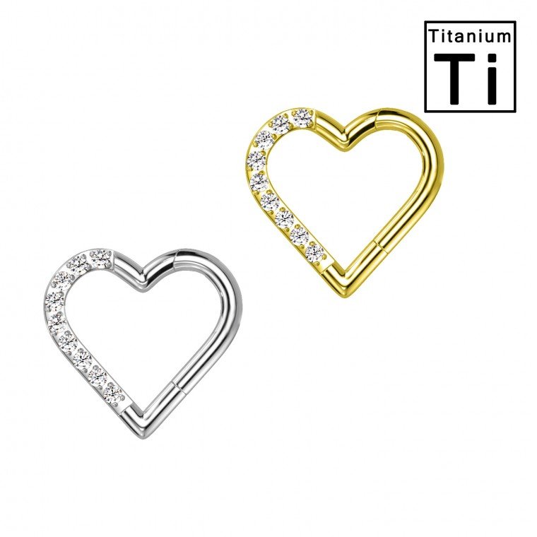 PWY-120L Piercing Cerchio Clicker in Titanio a forma di cuore con cristalli  su Sinisra